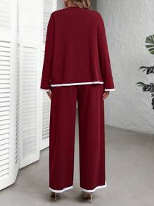 EMERY ROSE Plus Size Dames Zwarte Ronde Hals Lange Mouw Zijsplit Zoom Top En Wijde Pijpen Broek Herfst Sets