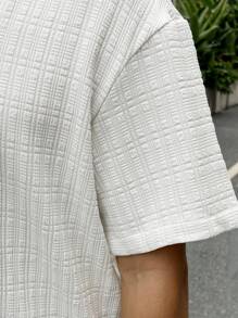 Manfinity Homme Manfinity CasualCool 1 件男士休闲纯色纹理翻领纯色短袖衬衫，男友礼物，圣诞礼物白色纽扣男士衬衫，提花面料，适合男友礼物 - 白色 - 查看 4