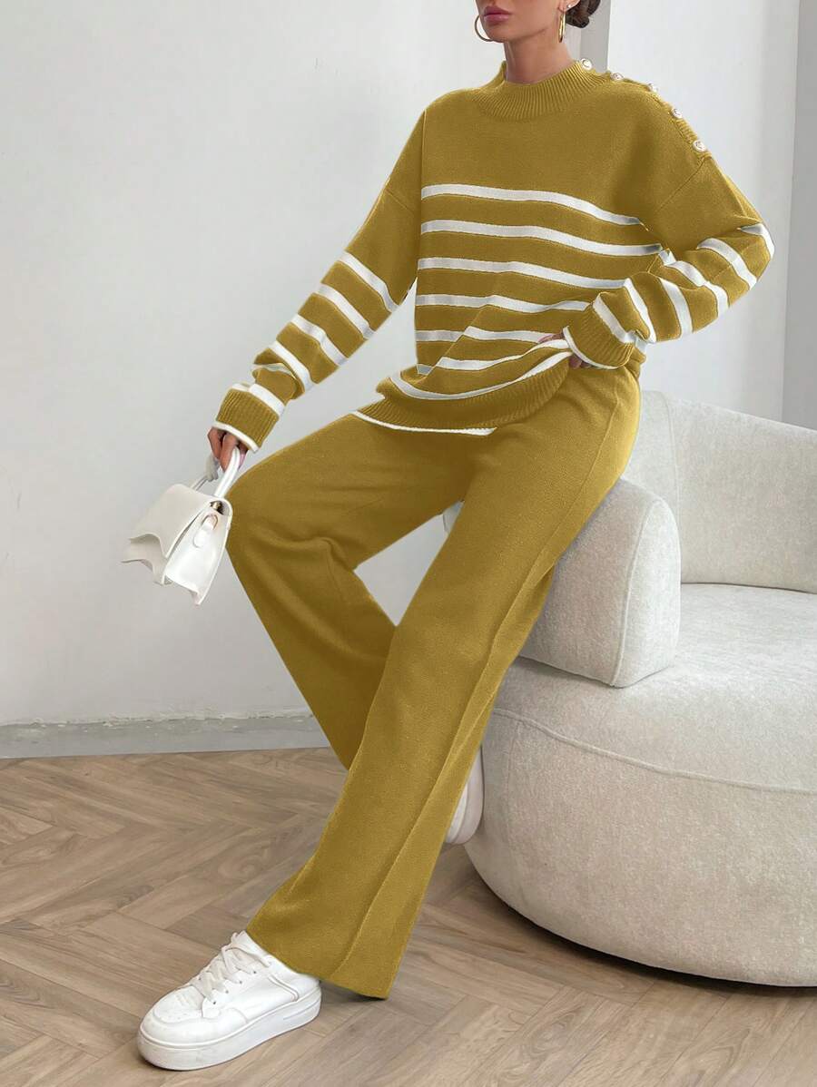 EURMUSE Women Stripe Pattern Button Detailed Round Neck Drop Shoulder Pullover & Sweater Pants Set - Mustard Yellow - View 1