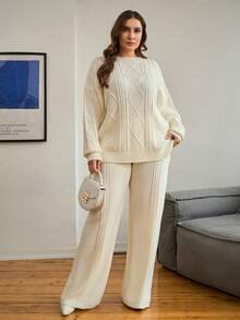 EURMUSE Sweater And Pants Knitwear Set With Cable Pattern - Casual - White - View 3