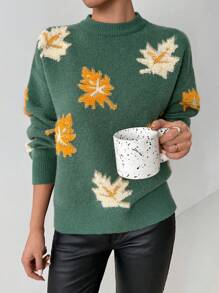 Chiquease Suéter de mujer informal con cuello redondo, mangas farol y bordado de hoja de arce, otoño/invierno