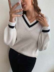 Chiquease 休闲宽松 V 领拼色罗纹饰边落肩毛衣，秋冬 - 白色 - 查看 5