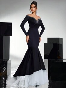 Glamrae Elegant Black Mesh Inset Bodice, Luxuriously Embellished With Rhinestones, Fitted Silhouette, Fishtail Mesh Hem, Black & White Contrast Gothic Informal Wedding Gown, Formal Evening Dress, Long Sleeve Prom Dress, For Wedding Guest, Graduation, Dinner, Party Dress
