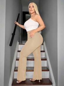 SHEIN SXY Pantalones rectos de unicolor con cremallera, adecuados para el día a día, talla grande