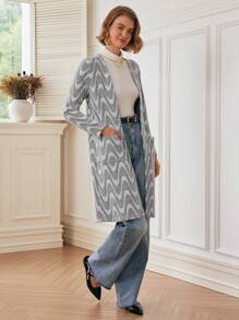 SHEIN Unity 1pc Women Casual Wave Patterned Thin Fleece Cardigan Jacket Fall Cloth For Women - Grey - View 6