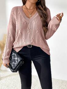 SHEIN LUNE Áo len dệt kim dáng rộng, màu trơn, vai rớt, cỡ lớn, thích hợp cho mùa thu/đông. - Bụi hồng - Xem 4