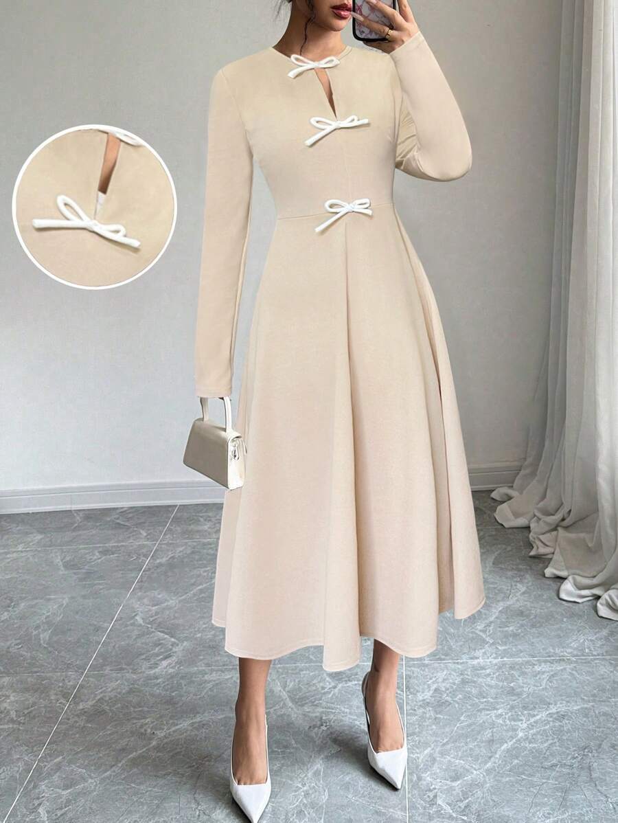 Elenzga 1 chiếc váy trang trí nơ thanh lịch thường ngày cho nữ, dành cho mùa thu - Màu be - Xem 1