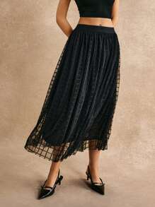 Poéselle Scallop Waistband Geo Mesh Overlay Skirt - Black - View 7