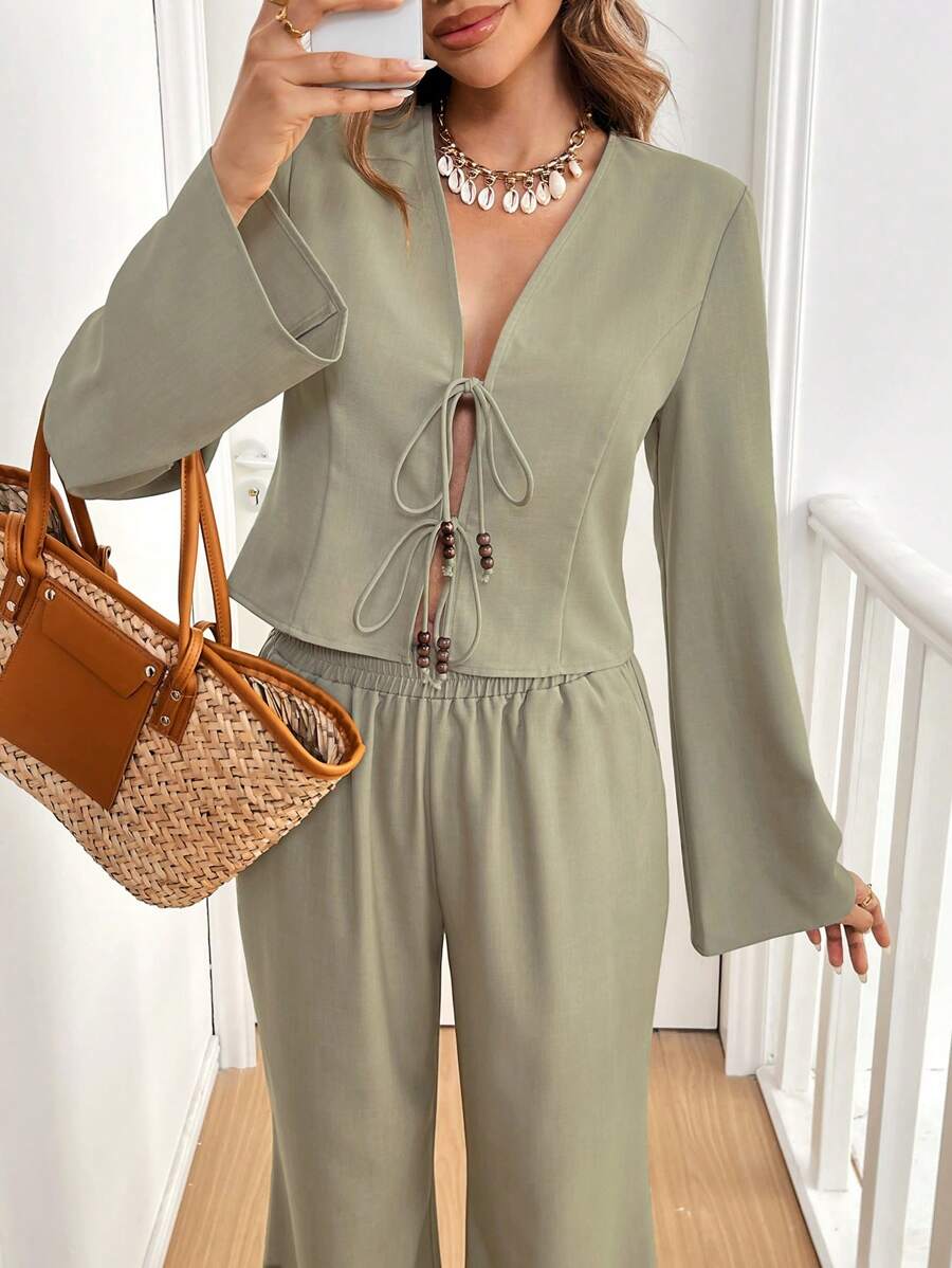 SHEIN Frenchy Winter Women Clothes 2pcs Women Casual Solid Bell Sleeve Front Tie Up Shirt And Loose Flared Pants Set, Women Set Thanksgiving Women Outfit Winter Women Coat Two Pieces Outfits Christmas Outfits Green - Green - View 1