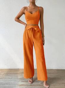 Chiquease 2 件套女士套装罩杯形吊带上衣和直筒裤，带蝴蝶结松紧腰带，适合度假 - 橘色 - 查看 5