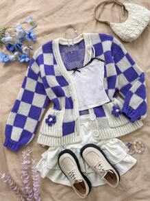 Soleia Casual Sweet Colorblock Plaid Pocket Floral Long Sleeve Knit Cardigan