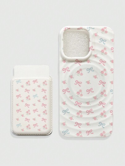 Kawaii Estuche de teléfono con impresión de mariposa y floral, con carga inalámbrica MagSafe, estuche de teléfono con ranura para tarjeta de adsorción magnética, juego de accesorios a juego