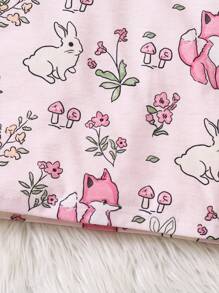 2 件套年轻女孩简约杏色长袖兔子印花家居服套装，休闲舒适 - 粉色 - 查看 5