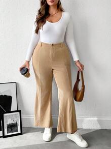 Flirla Plus Size Women Solid Color Pockets Flared Casual Work Pants Fall Cloth For Women - Khaki - View 3
