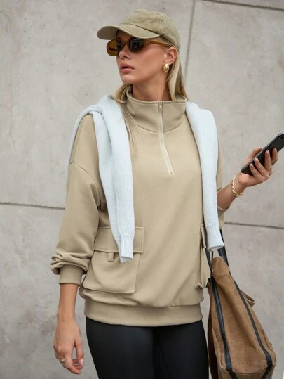 Hanevo 女士休闲落肩长袖拉链口袋卫衣，适合上学、秋季运动日常穿着，套头衫