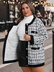 SHEIN Clasi Plus Size Elegant Plaid Pocket Casual Jacket For Autumn - White - View 7
