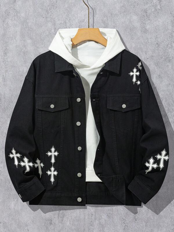 SHEIN Modischer lässiger weißer Kreuz-Design Schwarz Denim Kragen Langarm Wintermantel/-jacke für Teenager-Jungen als Kostüm, Alltagskleidung und Herbst-/Winterbekleidung für Teenagerjungen