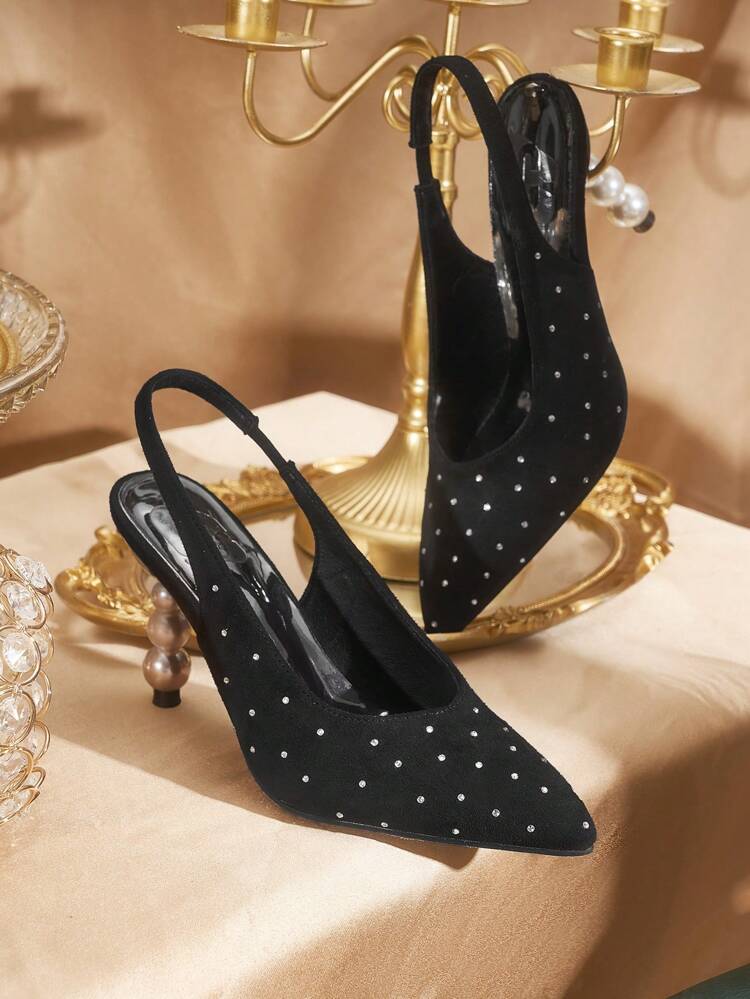 CUCCOO CHICEST Tacones altos sexy con puntera puntiaguda, tira alta en el empeine, adornos de perlas y cristales, tacón grueso - Tacones negros de corte bajo