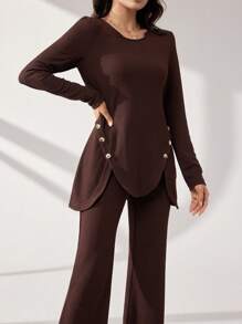 Graceveil 2pcs Women Sets: 1 Solid Color Button Decor Elegant Long Sleeve Top And 1 Flare Pants, Suitable For Autumn 2 Piece Set Modest - Coffee Brown - View 5