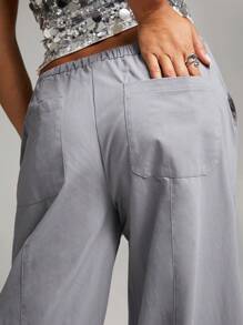 SHEIN BAE Grey Minimalist Everyday Fashion Casual Drawstring Waist Low Rise Wide Leg Lounge Pants For Women, Fall