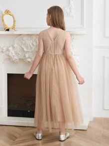 SHEIN Vestido elegante de línea A con cuello en V y cadena de strass para niñas, vestido de gala formal adecuado para bodas, bailes y cumpleaños - Champán - Ver 2