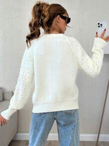 EURMUSE V-Neck Pearl Rib-Knit Loose Front-Button Casual Long Sleeve Cardigan - Beige - View 2
