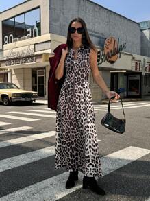 Chiquease Women's Casual Leopard Print Zipper Sleeveless Dress - Coffee Brown - View 4