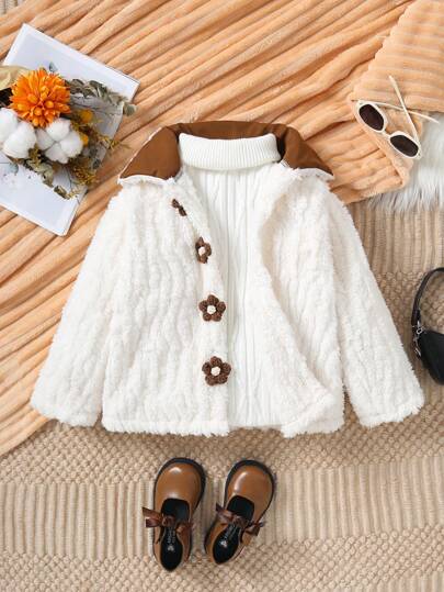 SHEIN 年轻女孩夹克，羊毛材质，棕色米色拼色，翻领，棕色口袋，花卉纽扣，田园休闲复古风格，适合秋冬季