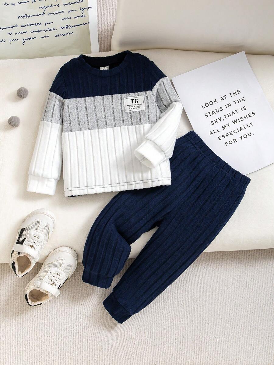 2pcs Baby Boy Casual Ribbed Patchwork Letter Print T-Shirt And Jogger Pants Set, Spring/Autumn - Multicolor - View 1