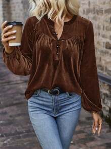 SHEIN LUNE Casual Vintage Solid Color Notch Neck Bishop Sleeve T-Shirt, Autumn