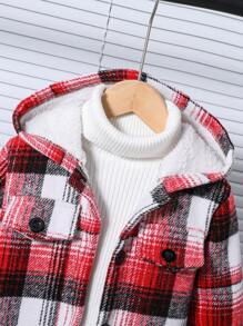SHEIN Girls' Casual Classic Plaid Hooded Cardigan Sweater With Furry Lining, Suitable For Autumn, Winter, Daily Wear, School, Outdoor, Warmth, Home And Family Gatherings - Red - View 5