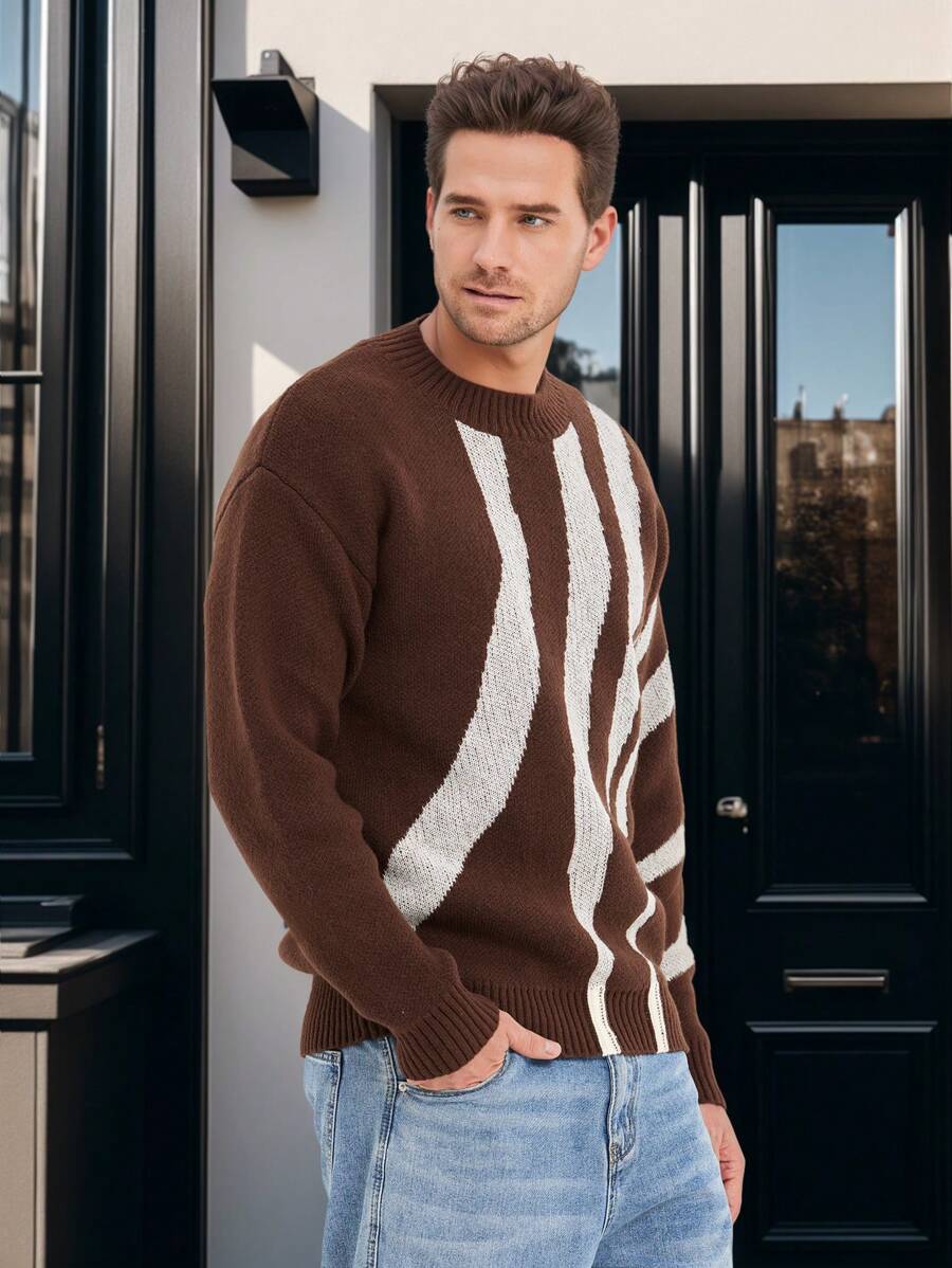 Manfinity Homme Áo len chui đầu dài tay họa tiết sọc dáng rộng thoải mái cho nam, mùa thu/đông - Cà phê nâu - Xem 1