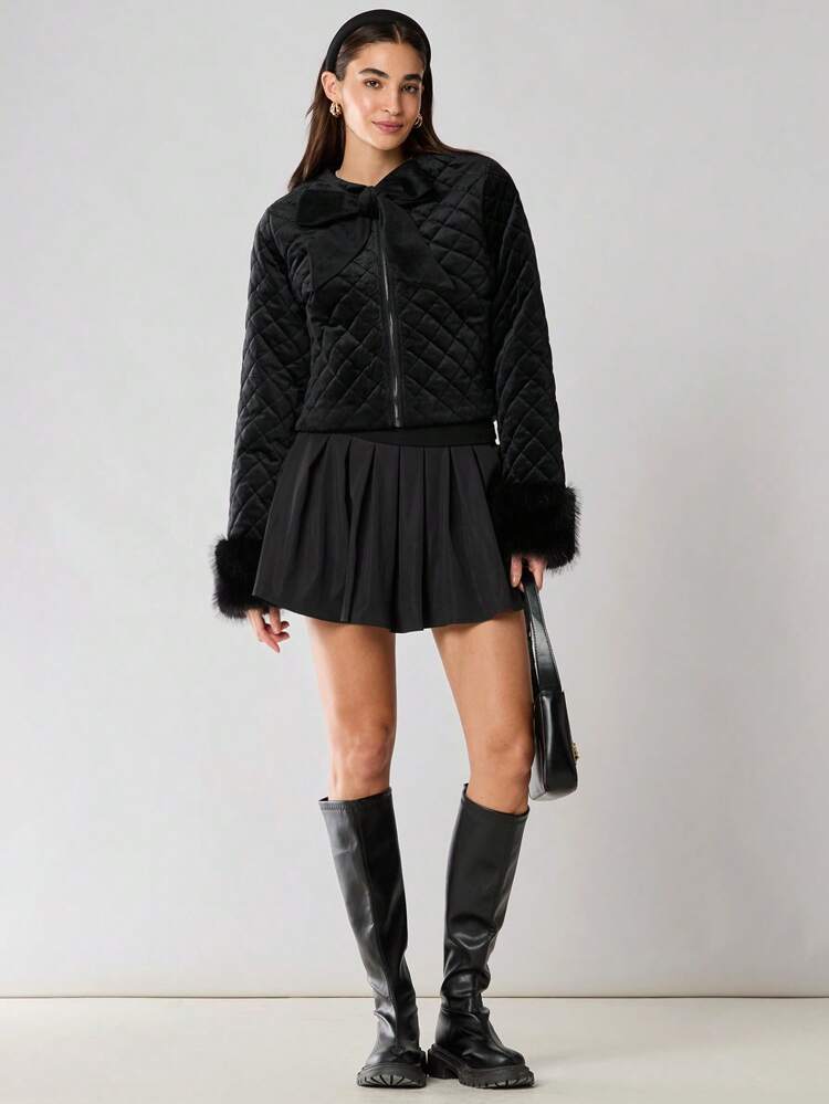 Women's Black Bow Tie Decorated Raw Edge Sleeves, Velvet Quilted Cropped Slim Long-Sleeved Jacket, Sweet Daughter, Daily And Work,Fall Women Clothes,Winter Women Coats,
