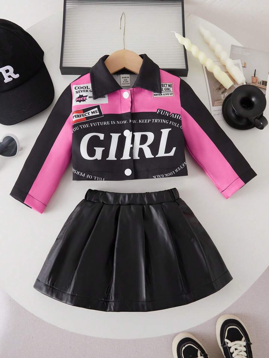 2 件装女婴时尚长袖夹克和裙子套装，适合派对和郊游，秋季，字母印花 - 彩色 - 查看 1