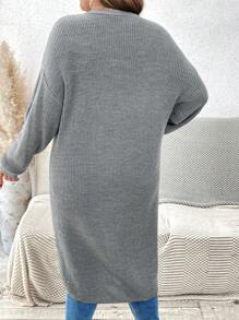SHEIN VCAY Plus Size Women Casual Daily Solid Color Side Slit Relaxed Fit Sweater, Autumn/Winter - Dark Grey - View 2