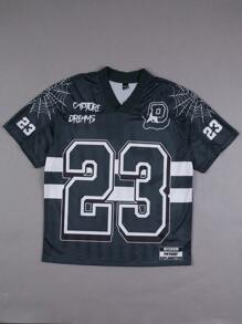 Manfinity EMRG 男士休闲运动数字与蜘蛛网印花 V 领短袖透气 T 恤，夏季 - 彩色 - 查看 3