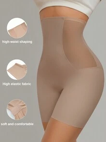 女士无缝高弹力腰腹控制紧身裤/紧身裤 - 杏色 - 查看 5