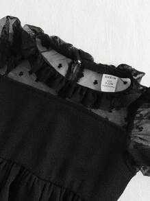 SHEIN 1 件装女婴公主宫廷风格心形网纱长袖立领连衣裙，优雅适合圣诞节、生日 - 黑色 - 查看 4