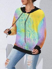 SHEIN LUNE Plus Size Women Tie Dye Printed Colorblock Drop Shoulder Drawstring Sweatshirt, Casual Style For Spring/Autumn Pullover Fall Sweatshirt - Multicolor - View 4