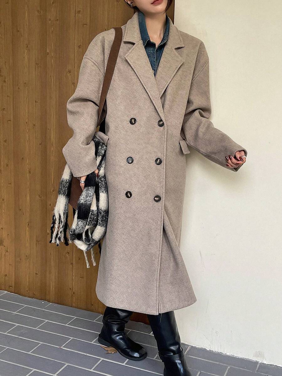 DAZY Casual Solid Color Double Breasted Overcoat, Autumn/Winter Women Jacket,Fall Women Clothes - Khaki - View 1