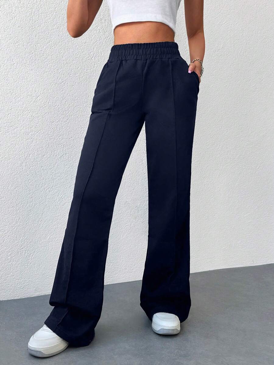 EURMUSE 100%Cotton Women's Casual Solid Color Flared Sweatpants - Navy Blue - View 1