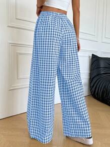 SHEIN EZwear Quần ống rộng kẻ caro buộc eo thường ngày cho nữ - Xanh và trắng - Xem 2