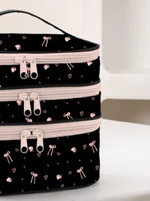 Trape Graphic Bolsa de cosméticos con patrón de rosa y moño estilo Kawaii de 3 capas, con forma cuadrada para maquillaje, ideal para vacaciones, Año Nuevo y Día de San Valentín