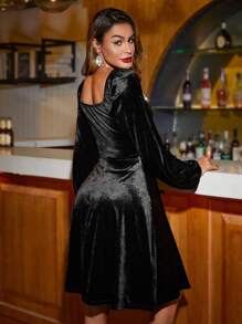 SHEIN Clasi 带水晶装饰的针织领口天鹅绒中长款女士派对礼服圣诞节圣诞派对家庭装，圣诞礼物 - 黑色 - 查看 2