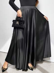 Vionelle Plus Size Elegant Solid Color Flared Skirt, Autumn Maxi Women Outfit - Black - View 5