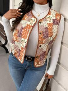 SHEIN Frenchy Plus Size Vintage Print Casual Padded Coat, Suitable For Daily And Home Wear, Winter - Multicolor - View 5