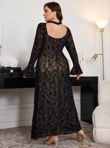Modelyn Plus Size Women Elegant Floral Flocked Cutout Stand Collar Bell Sleeve Dress Maxi Women Outfit