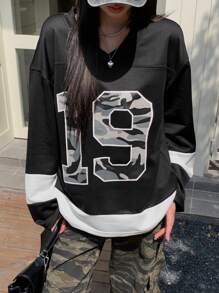 DAZY Sudadera con capucha de mujer con estampado de números en camuflaje y contraste de colores, ropa de otoño