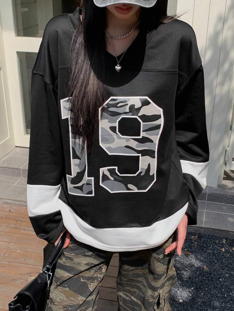 Women's Camouflage Numeral Print Contrast Color Pullover Sweatshirt,Fall Clothes