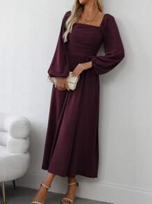 SHEIN Clasi Đầm Maxi Nữ Tay Dài Cổ Vuông Xếp Ly Xẻ Cao, Màu Trơn, Trang Phục Nữ - Màu Tím - Xem 5